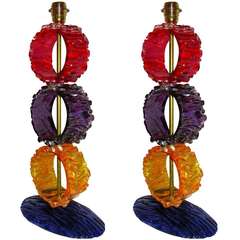 1970s Italian Pair of Colored Murano Glass Circled Table Lamps