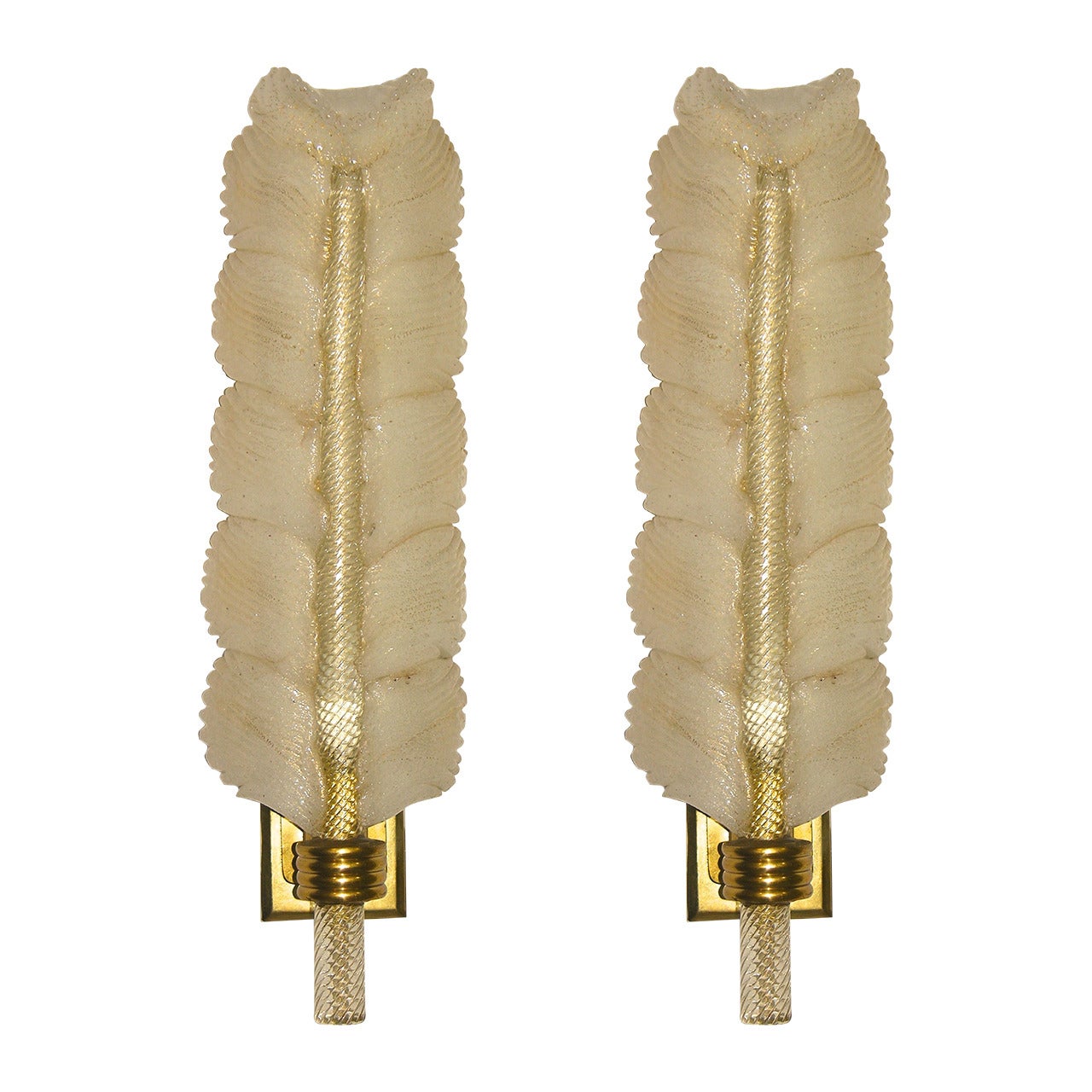 1950s Pair of André Arbus White and Gold Glass Feather Sconces by Veronese