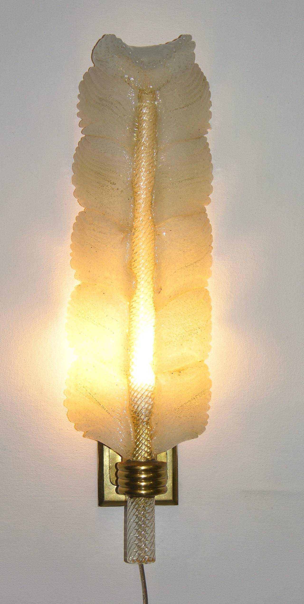 1950s Pair of André Arbus White and Gold Glass Feather Sconces by Veronese 2
