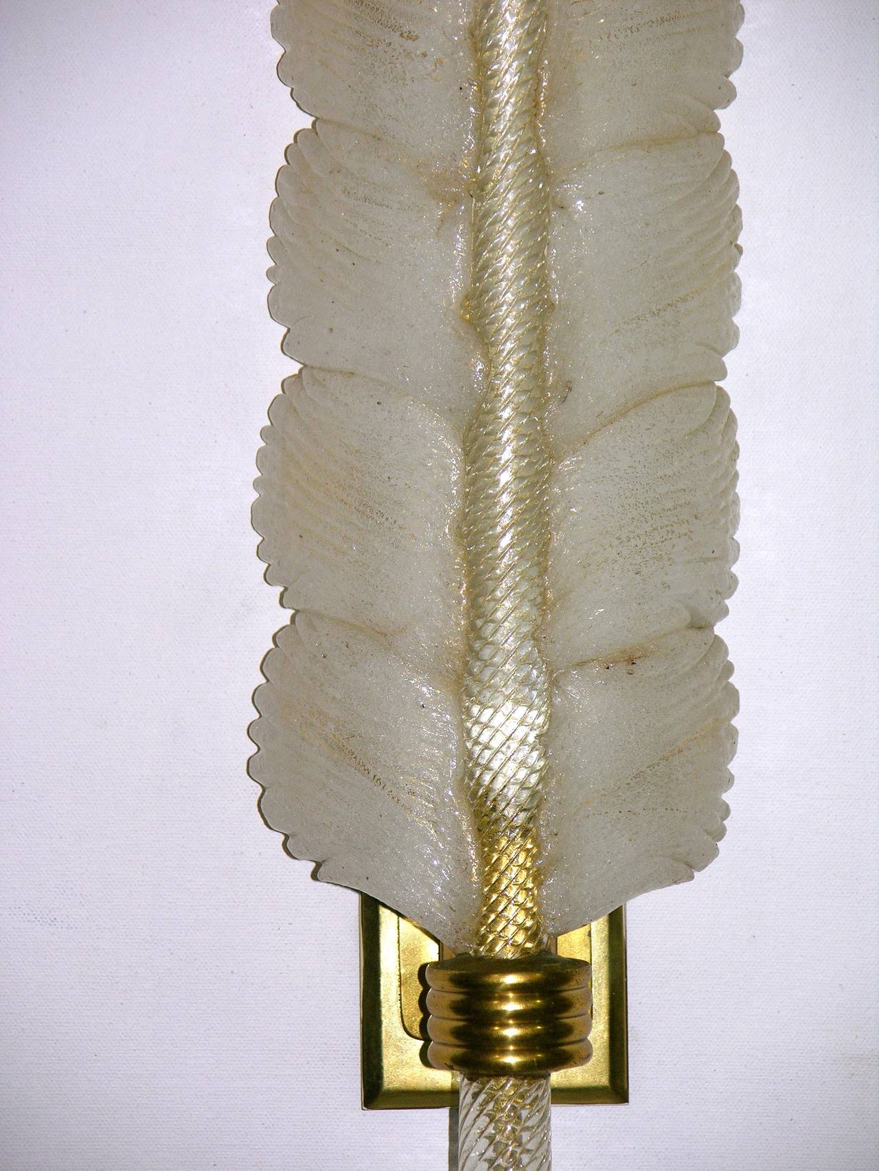 Italian 1950s Pair of André Arbus White and Gold Glass Feather Sconces by Veronese