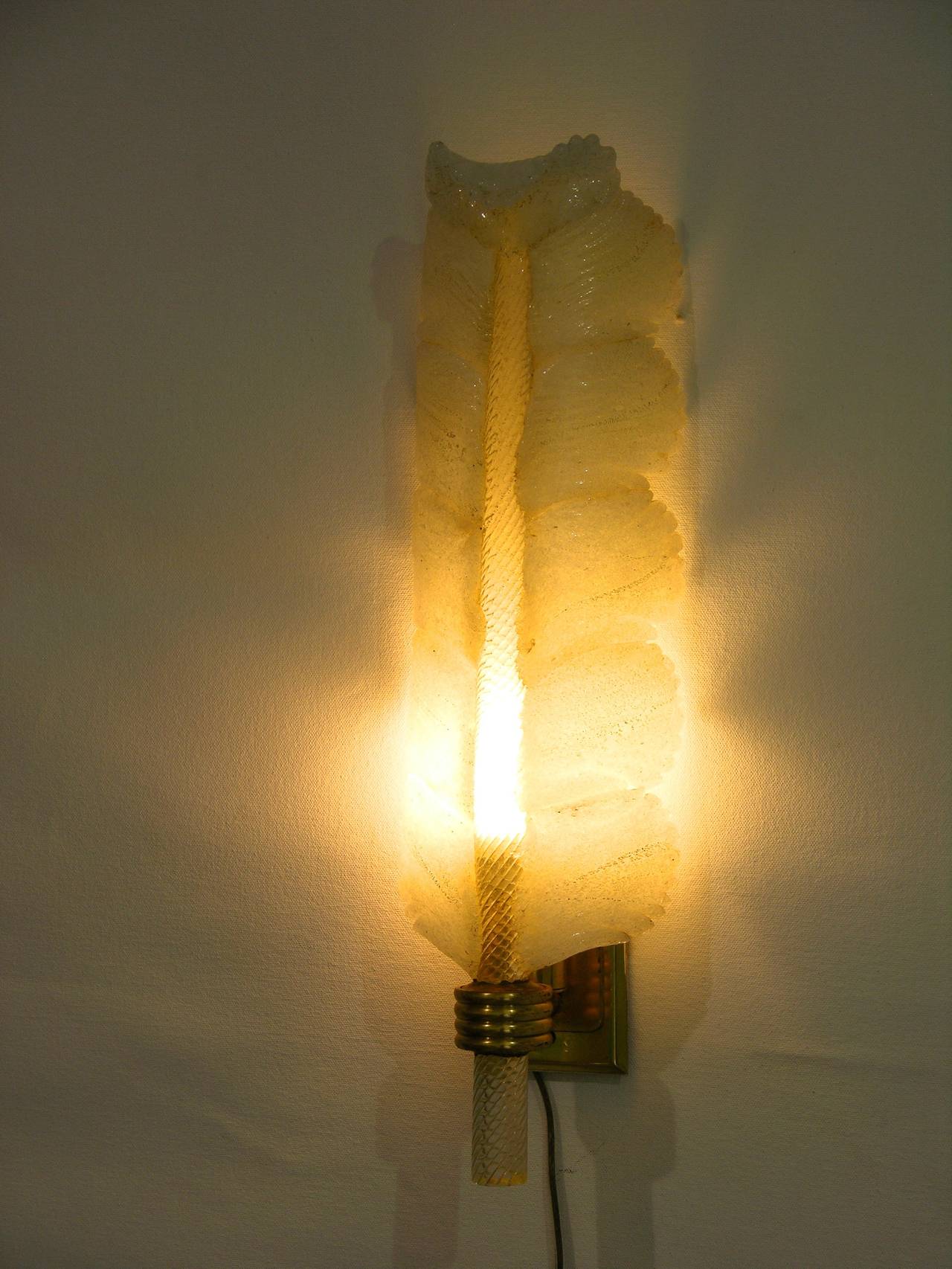 1950s Pair of André Arbus White and Gold Glass Feather Sconces by Veronese