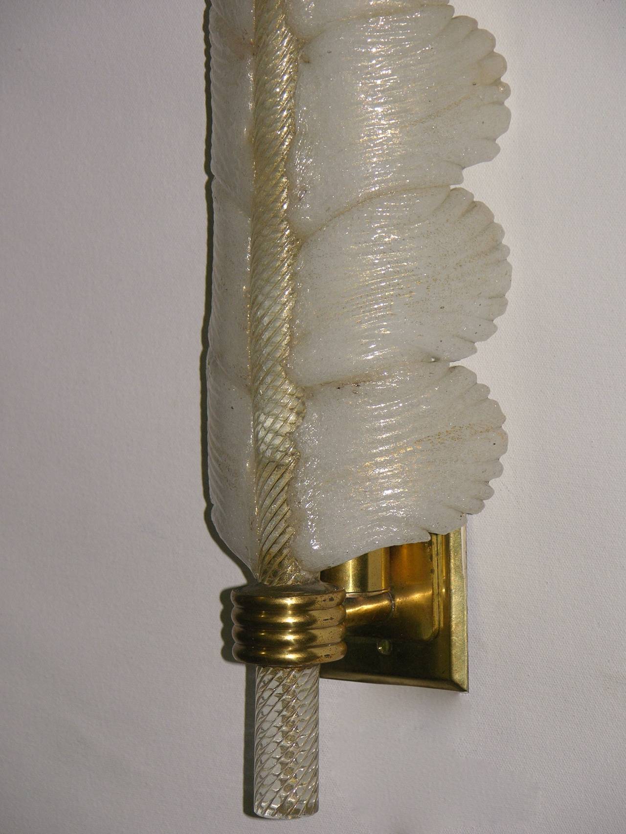 Mid-20th Century 1950s Pair of André Arbus White and Gold Glass Feather Sconces by Veronese