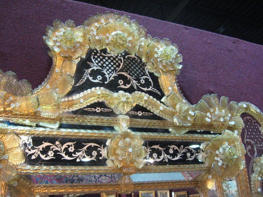 Big Antique Venetian Etched Mirror With Rich Gold Glass Details