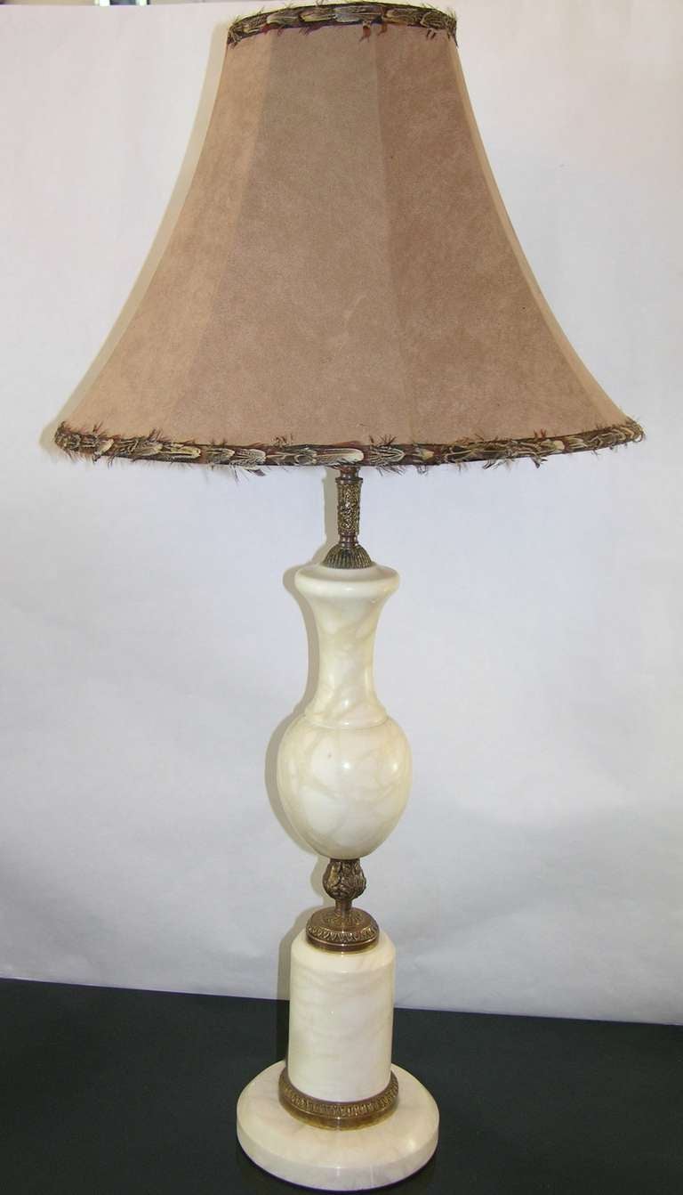 20th Century Art Deco French White Marble Lamp with Feathered Shade