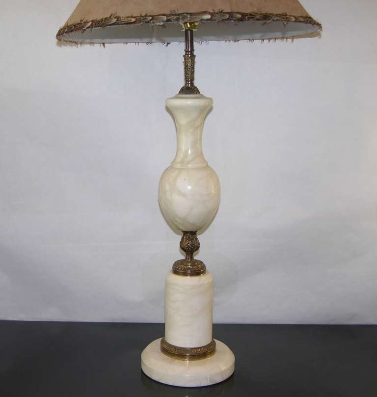 Art Deco French White Marble Lamp with Feathered Shade 1