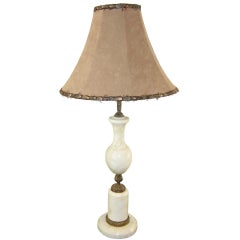 Art Deco French White Marble Lamp with Feathered Shade