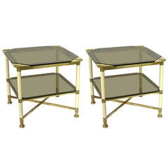 Vivai del Sud 1970s Rare Pair of Smoked Glass and Ivory Brass Side Tables 4