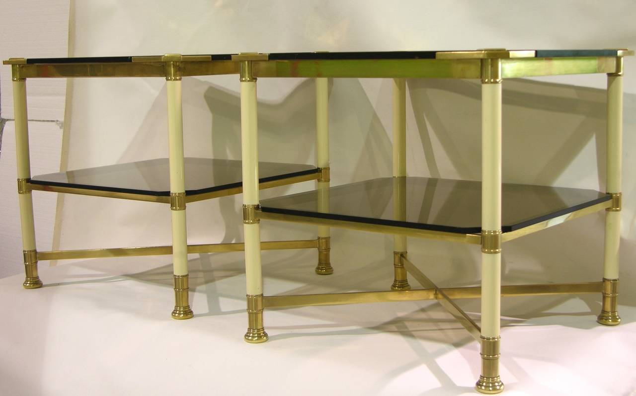 1970s Vintage Italian Pair of Smoked Glass and Ivory 2-Tier Brass Side Tables For Sale 5