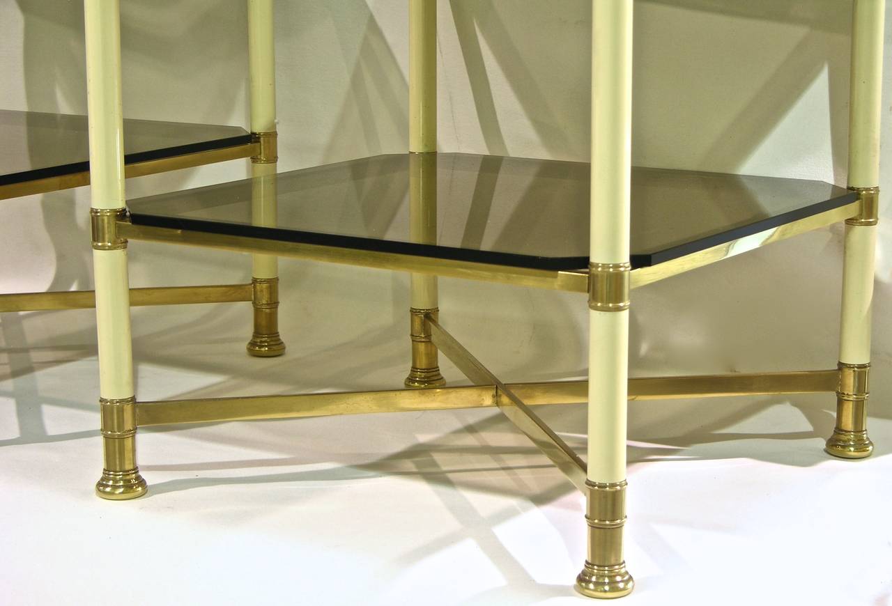1970s Vintage Italian Pair of Smoked Glass and Ivory 2-Tier Brass Side Tables For Sale 1