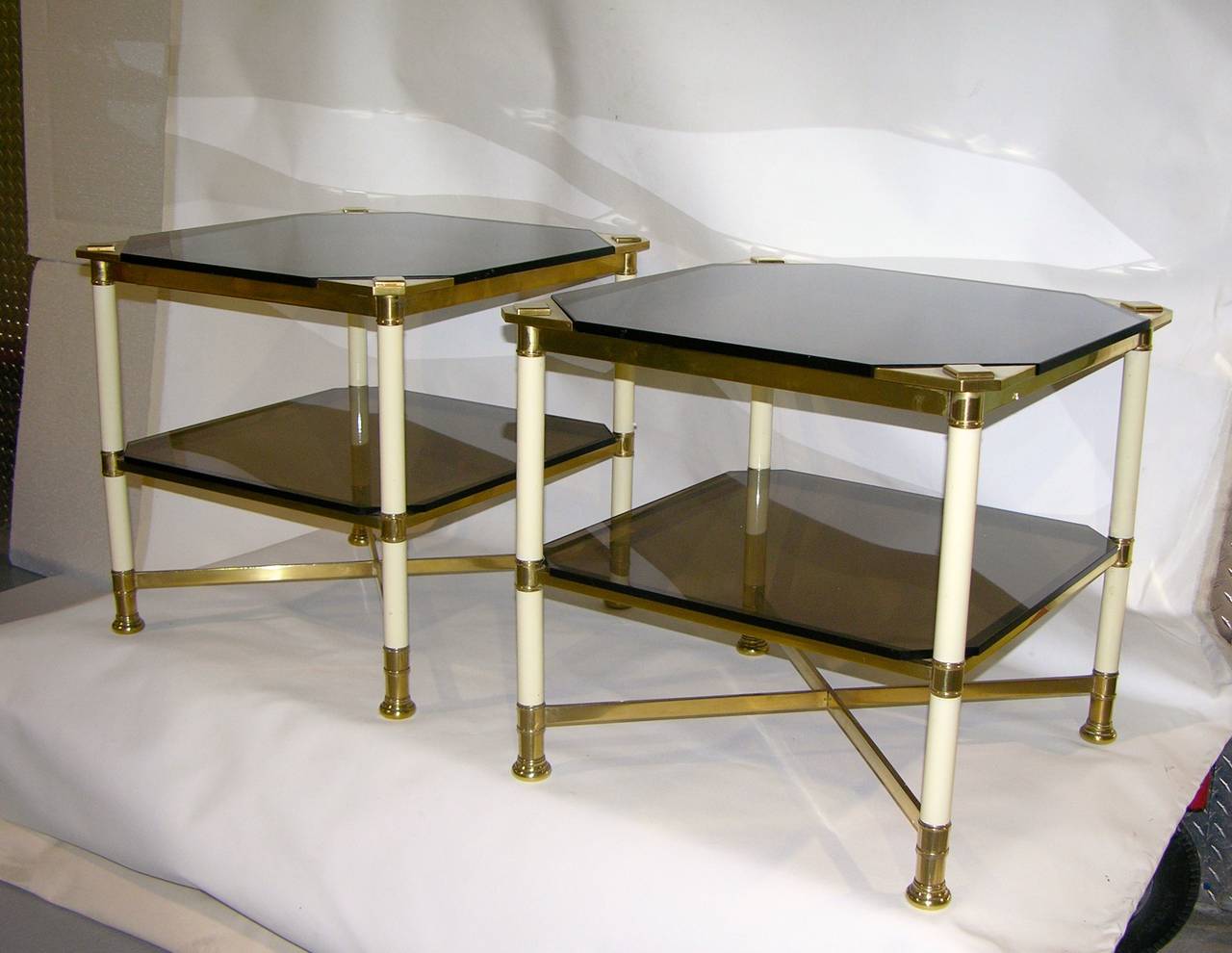 1970s Vintage Italian Pair of Smoked Glass and Ivory 2-Tier Brass Side Tables In Excellent Condition For Sale In New York, NY