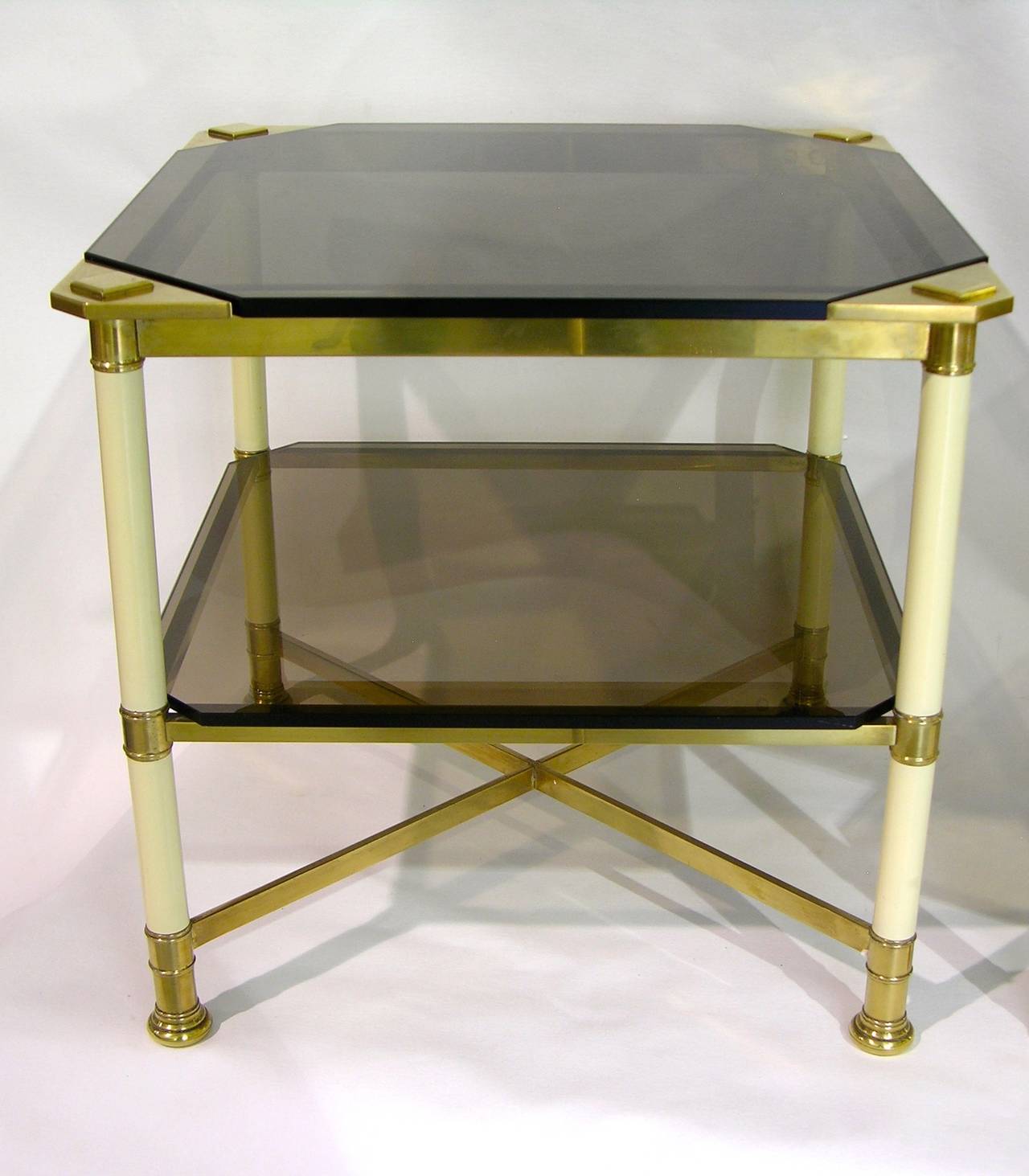 Late 20th Century 1970s Vintage Italian Pair of Smoked Glass and Ivory 2-Tier Brass Side Tables For Sale