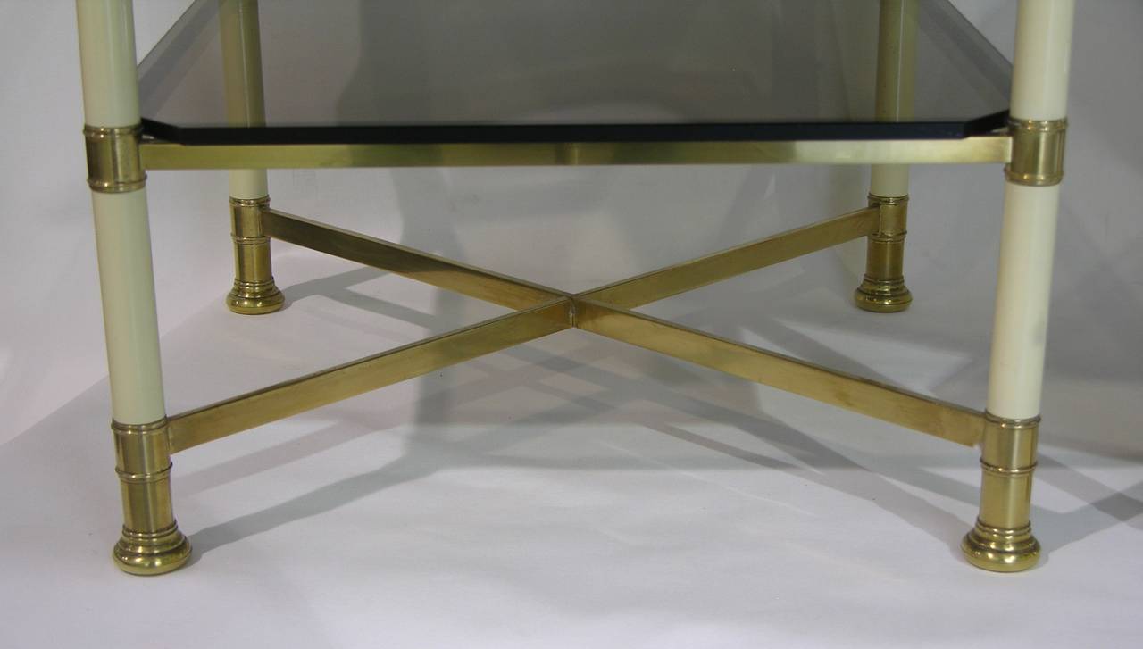 1970s Vintage Italian Pair of Smoked Glass and Ivory 2-Tier Brass Side Tables For Sale 3