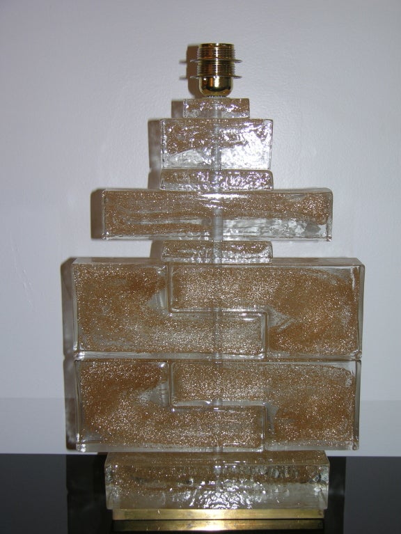 1970s Italian Pair of Rock Murano Glass Table Lamps Worked With Gold