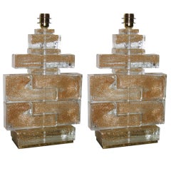 1970s Italian Pair of Rock Murano Glass Table Lamps Worked With Gold