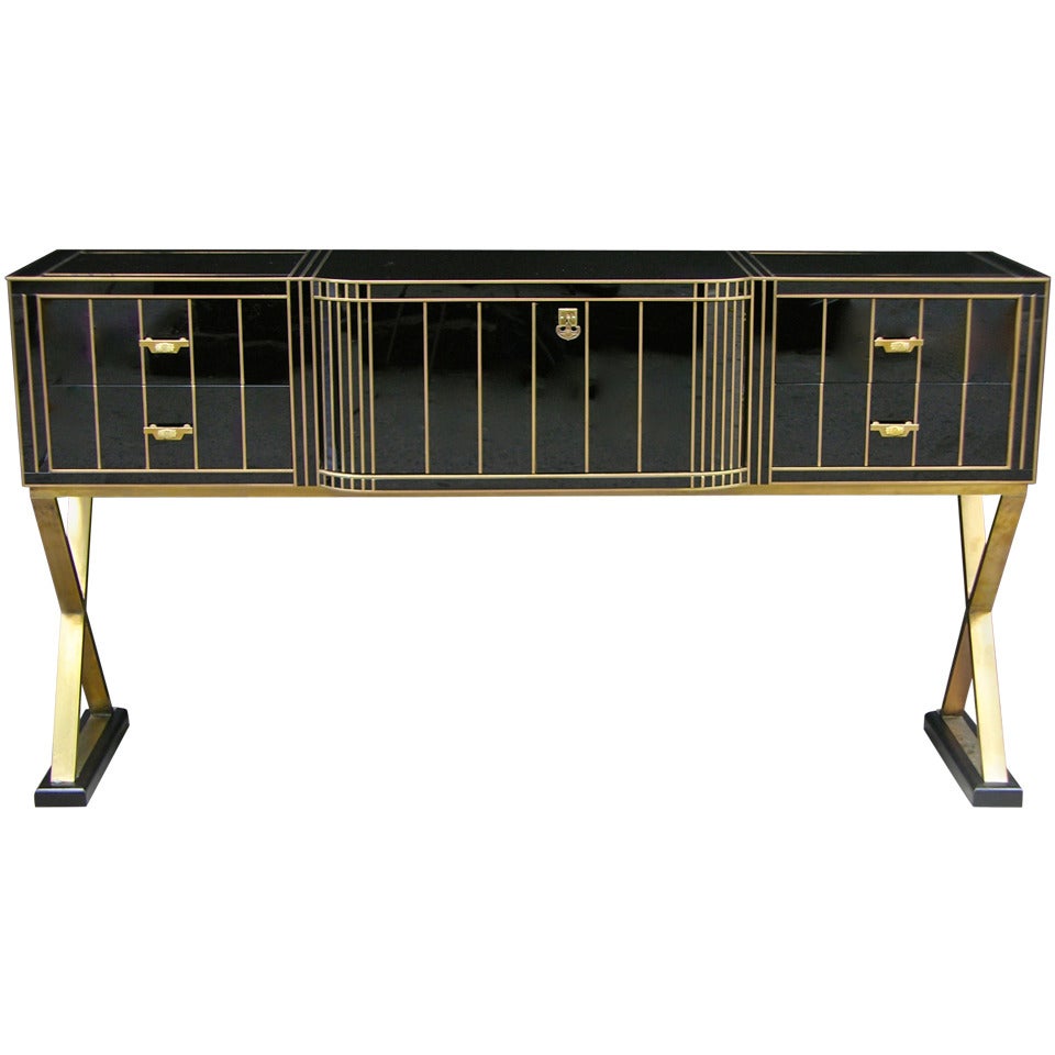 Black Glass Sideboard On Crossed Bronze Legs Italian Design 1970s At 1stdibs