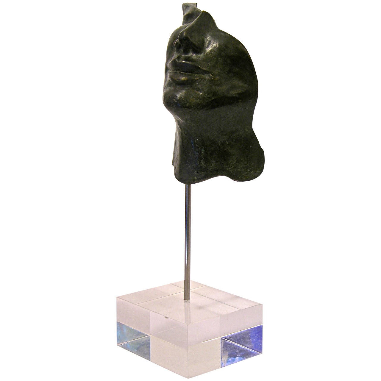 Hollow Face, Italian Black Bronze Sculpture on Lucite Base by Ginestroni