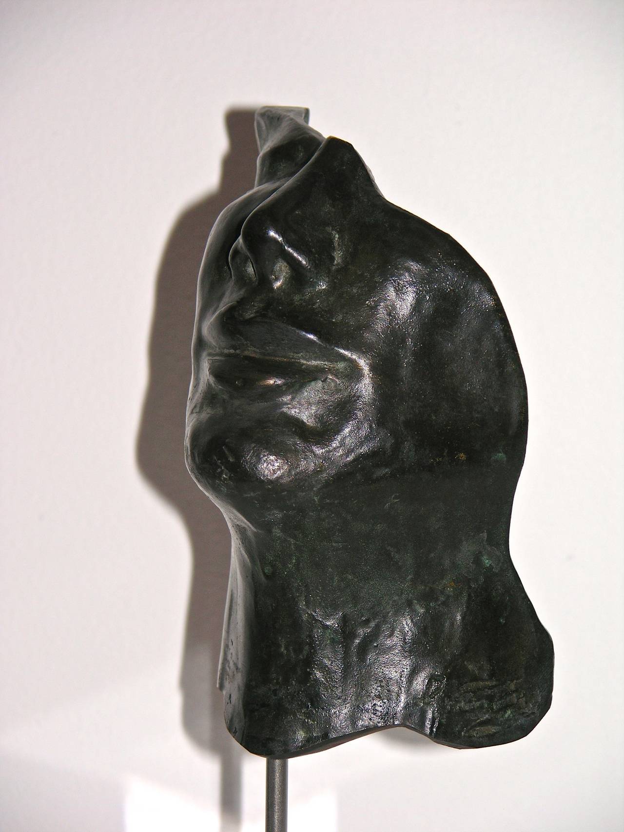 Cast Hollow Face, Italian Black Bronze Sculpture on Lucite Base by Ginestroni