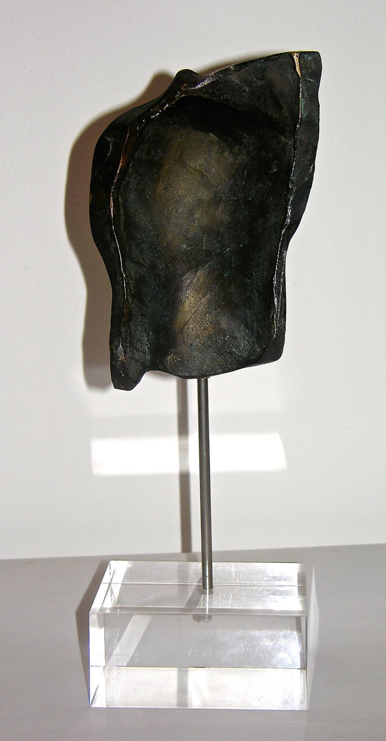 Modern Hollow Face, Italian Black Bronze Sculpture on Lucite Base by Ginestroni