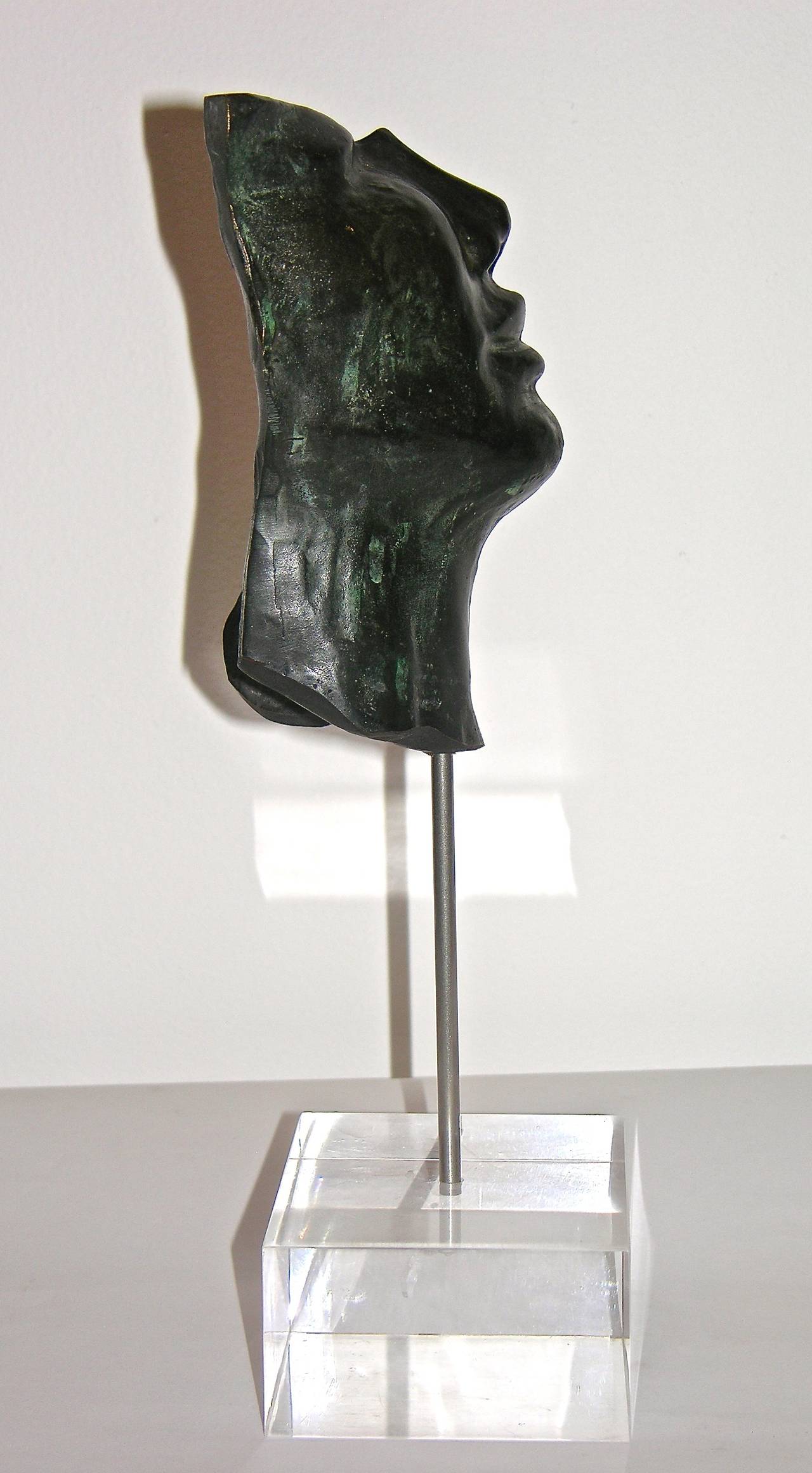 Contemporary Hollow Face, Italian Black Bronze Sculpture on Lucite Base by Ginestroni