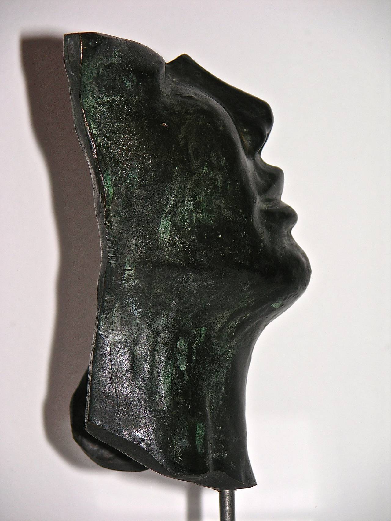 Metal Hollow Face, Italian Black Bronze Sculpture on Lucite Base by Ginestroni