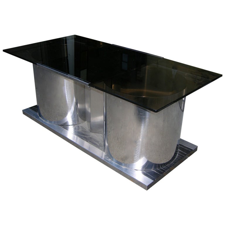 1970s Italian Smoked Glass Coffee Table with Dry Bar For Sale