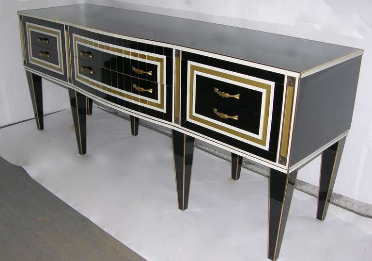 1950s Italian Art Deco Style Black Glass Sideboard with White and Bronze Insets In Excellent Condition For Sale In New York, NY