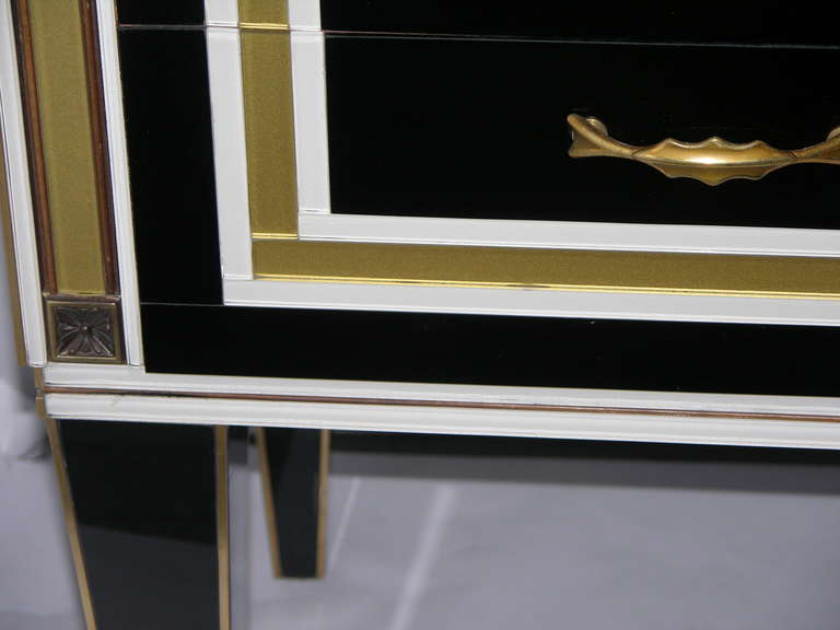Hand-Crafted 1950s Italian Art Deco Style Black Glass Sideboard with White and Bronze Insets For Sale