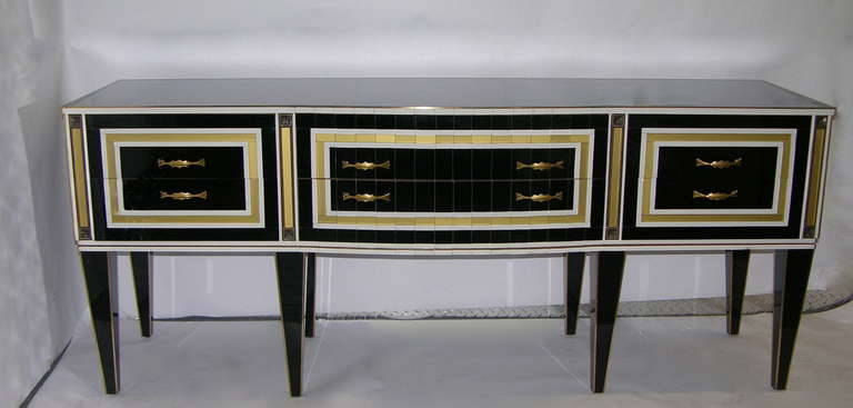 Mid-Century Modern 1950s Italian Art Deco Style Black Glass Sideboard with White and Bronze Insets For Sale