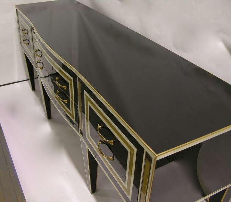 Gold 1950s Italian Art Deco Style Black Glass Sideboard with White and Bronze Insets For Sale