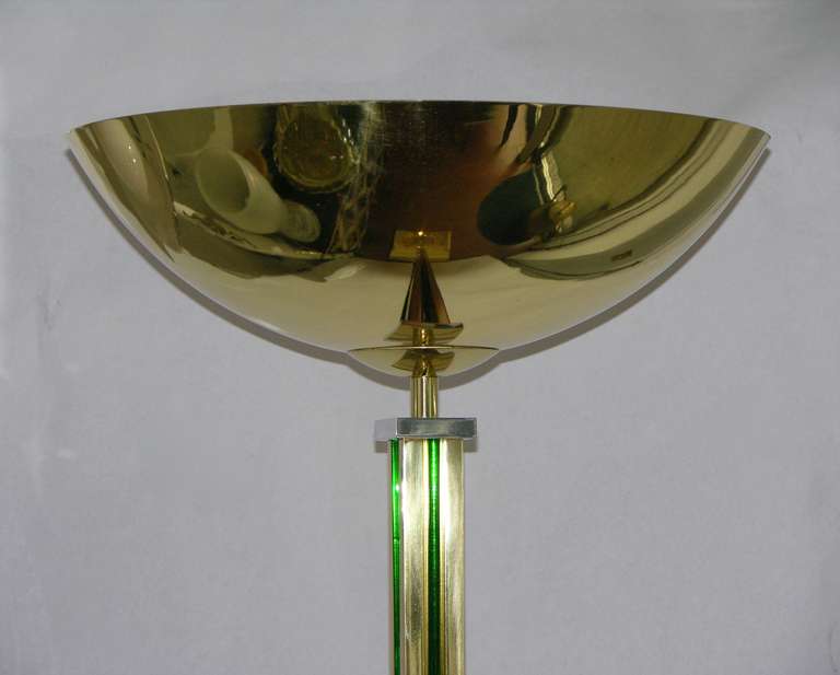 Hand-Crafted 1970s Italian Art Deco Style Gold Brass Floor Lamp with Venini Green Glass