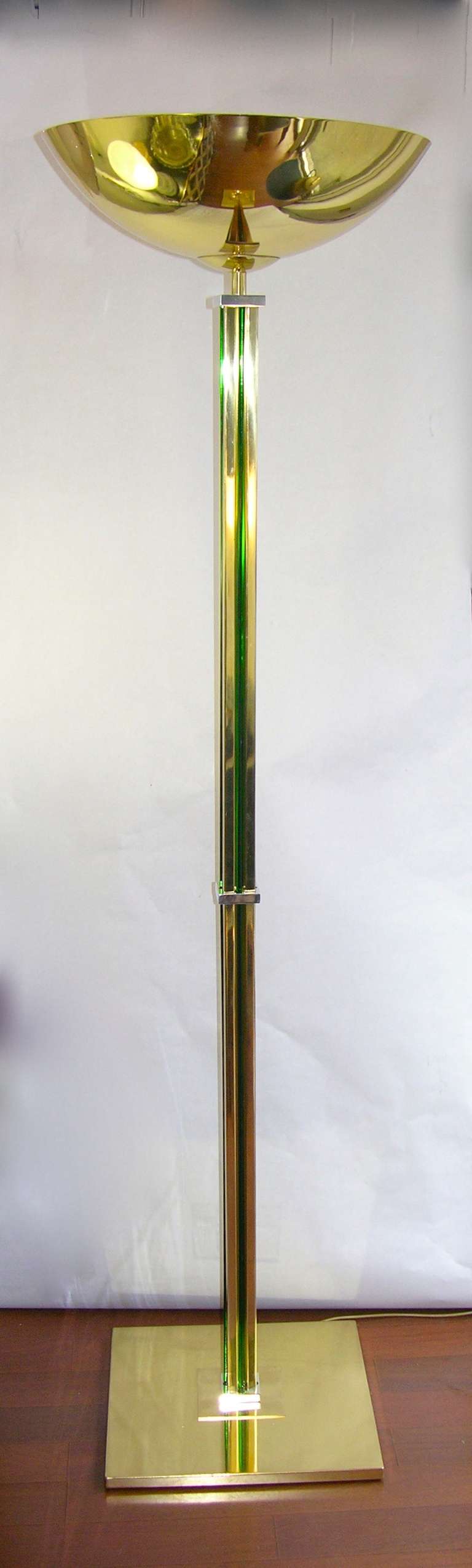 Late 20th Century 1970s Italian Art Deco Style Gold Brass Floor Lamp with Venini Green Glass