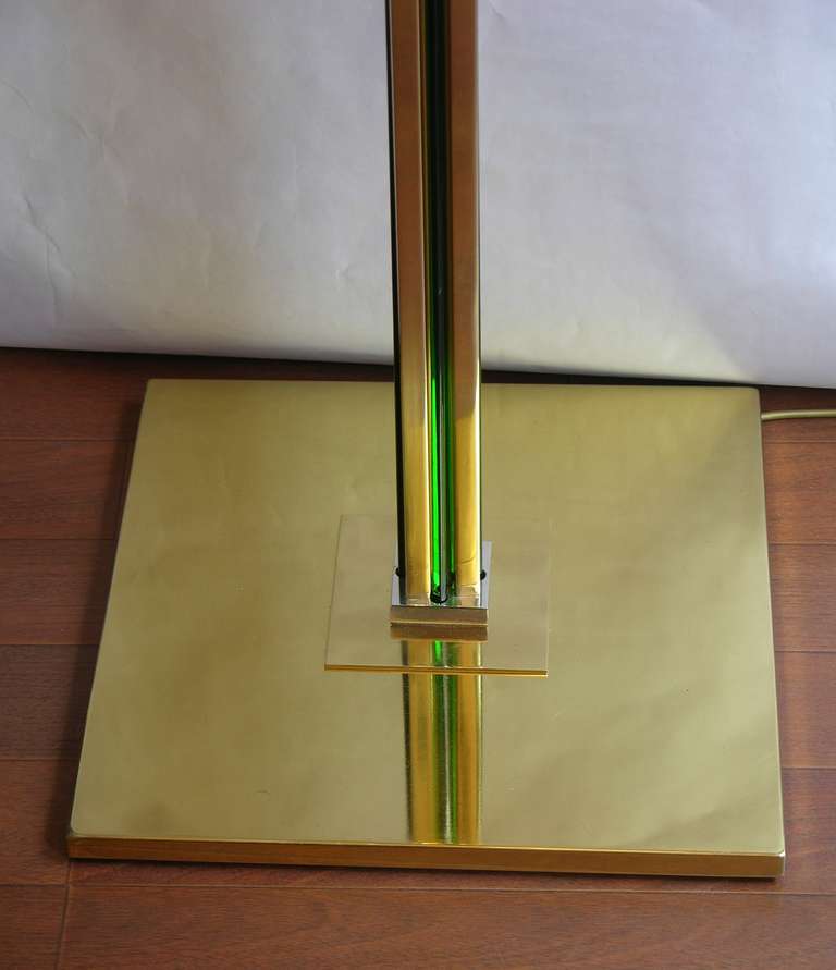1970s Italian Art Deco Style Gold Brass Floor Lamp with Venini Green Glass 2