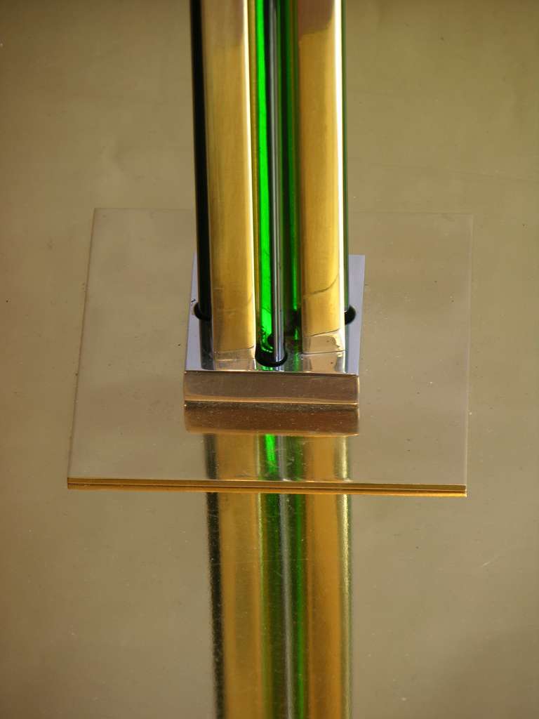 1970s Italian Art Deco Style Gold Brass Floor Lamp with Venini Green Glass In Excellent Condition In New York, NY
