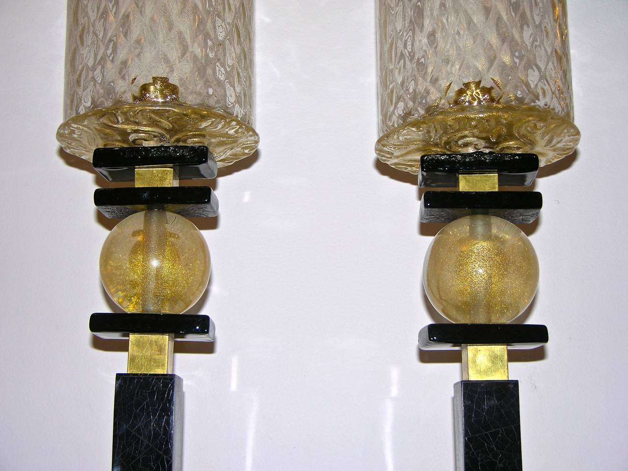 1970s Italian Pair of Art Deco Design Lamps with Murano Glass Shades by Barovier In Excellent Condition In New York, NY