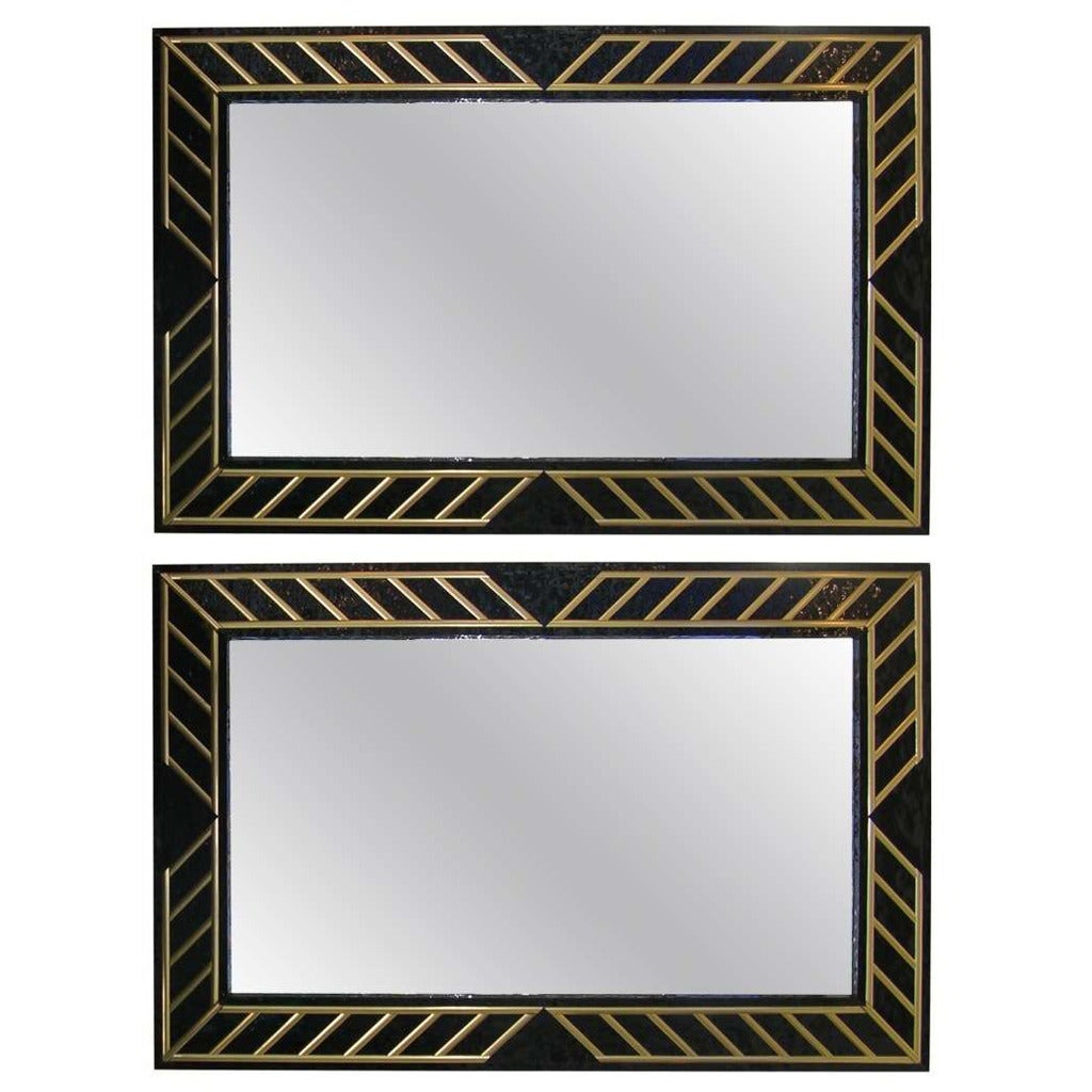 1970s Italian Pair of Art Deco Design Black Glass and Gilt Mirrors