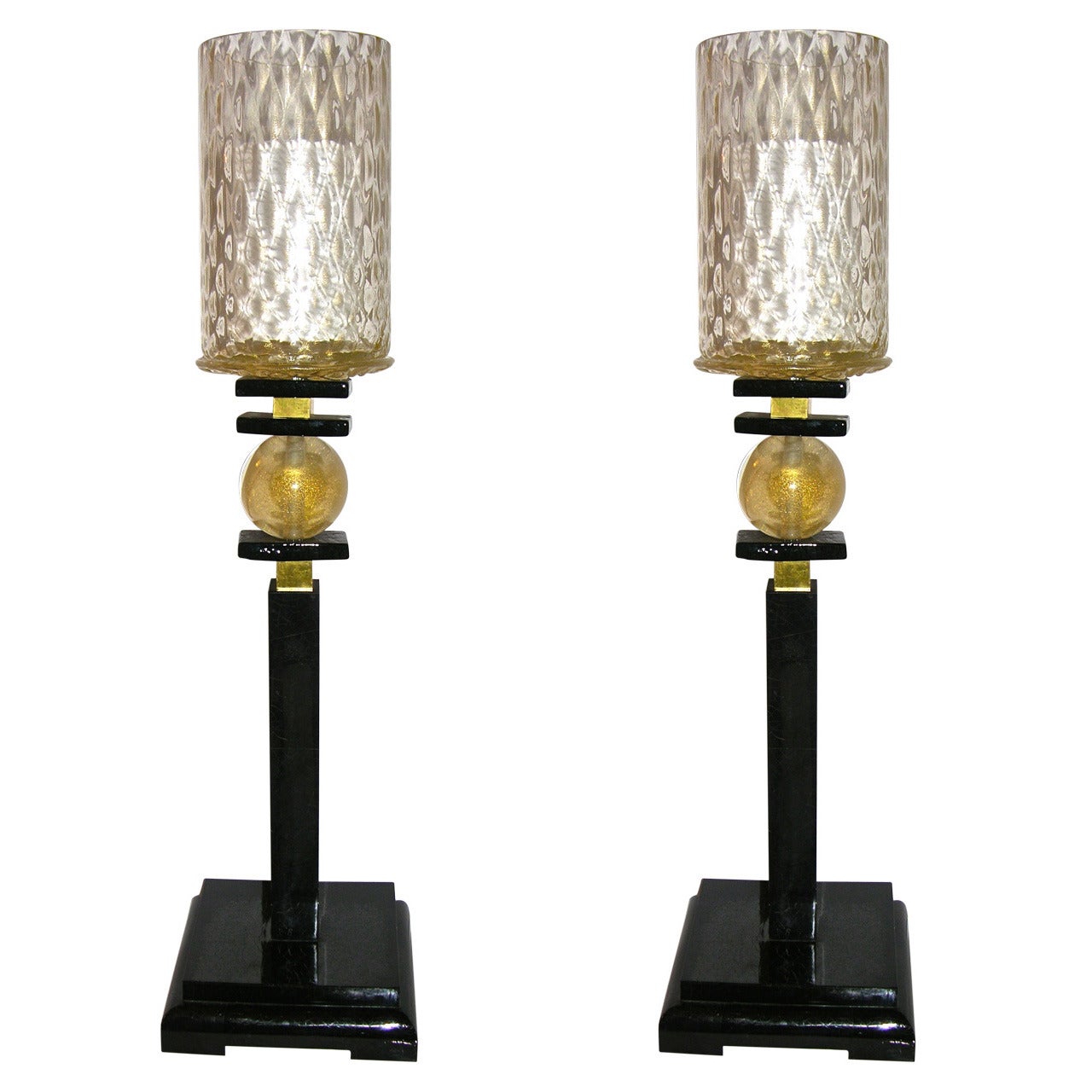 1970s Italian Pair of Art Deco Design Lamps with Murano Glass Shades by Barovier