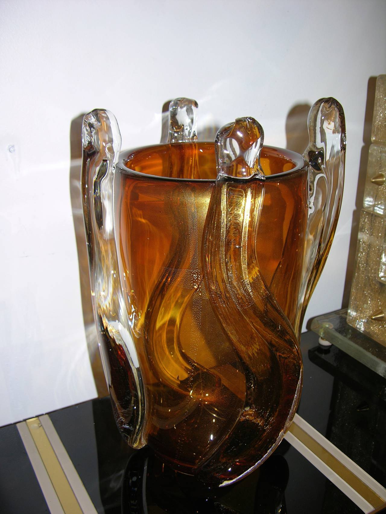 1970s Italian Abstract Design Amber Murano Glass Vase by Pino Signoretto 1