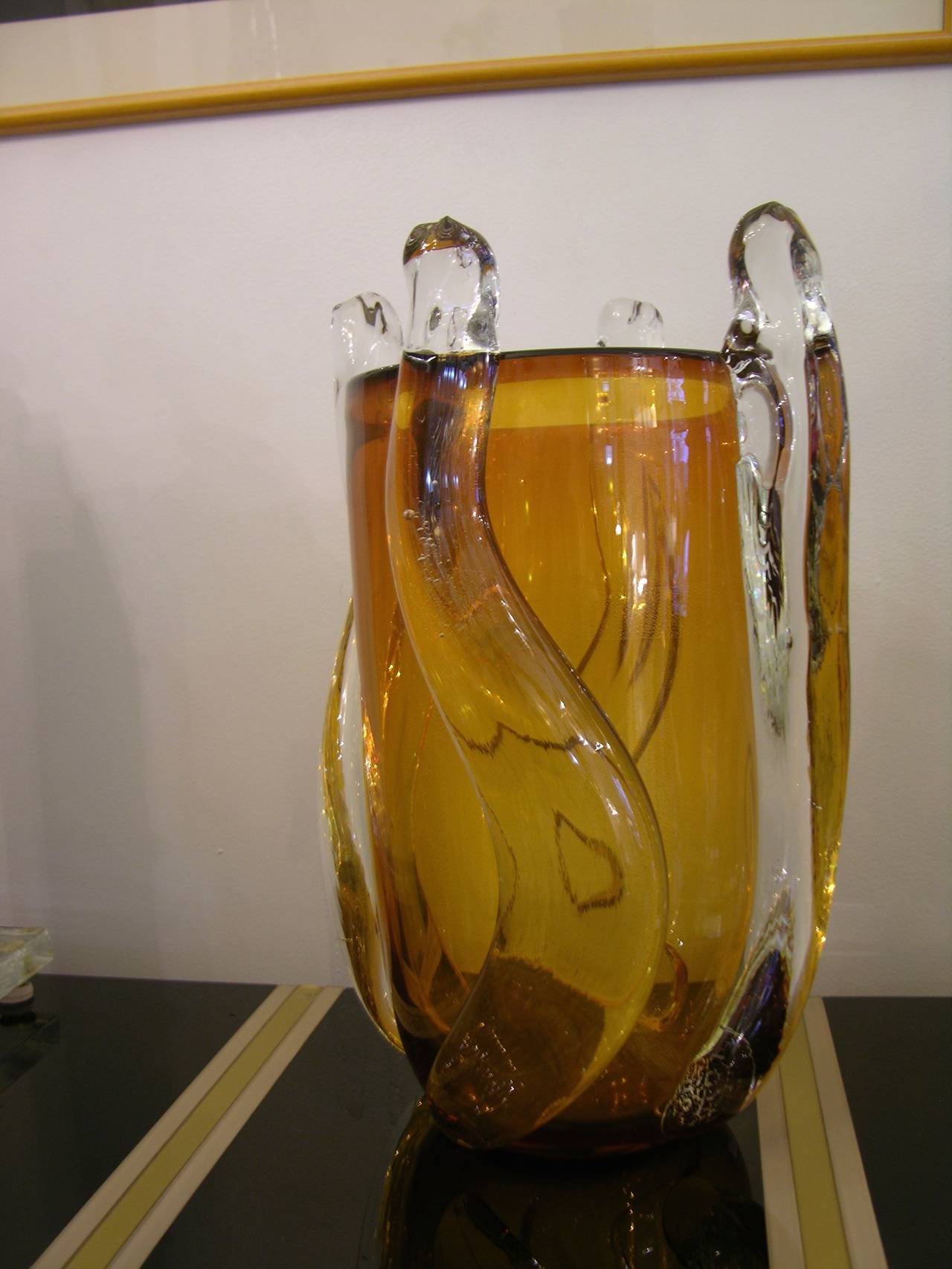 Blown Glass 1970s Italian Abstract Design Amber Murano Glass Vase by Pino Signoretto