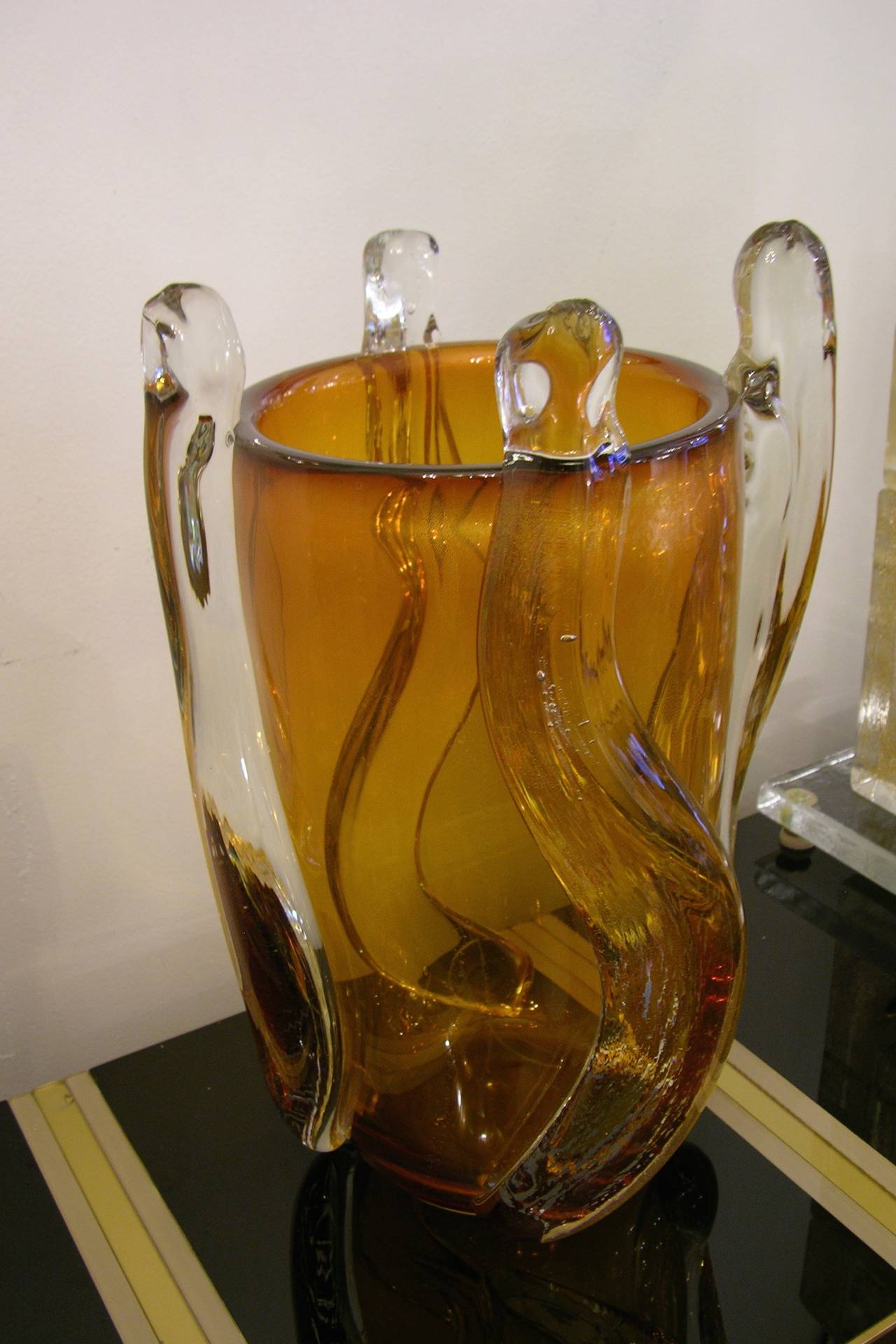Organic Modern 1970s Italian Abstract Design Amber Murano Glass Vase by Pino Signoretto
