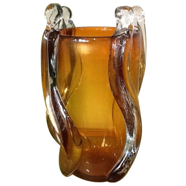 1970s Italian Abstract Design Amber Murano Glass Vase by Pino Signoretto