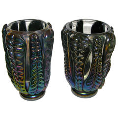 Art Deco Design Pair of Murano Glass Vases Worked with Iridescence