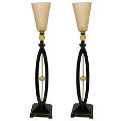 1970s 1970s Art Deco Design Pair of Italian Gold Black and White Floor Lamps