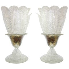 1970s Italian Design Pair of Diamond Glass Lamps with Murano Leaves