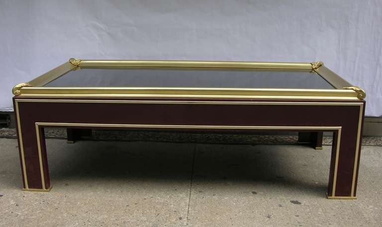 Mid-20th Century 1950s Jansen Coffee Table with Brass Frame on Burgundy Lacquer Base