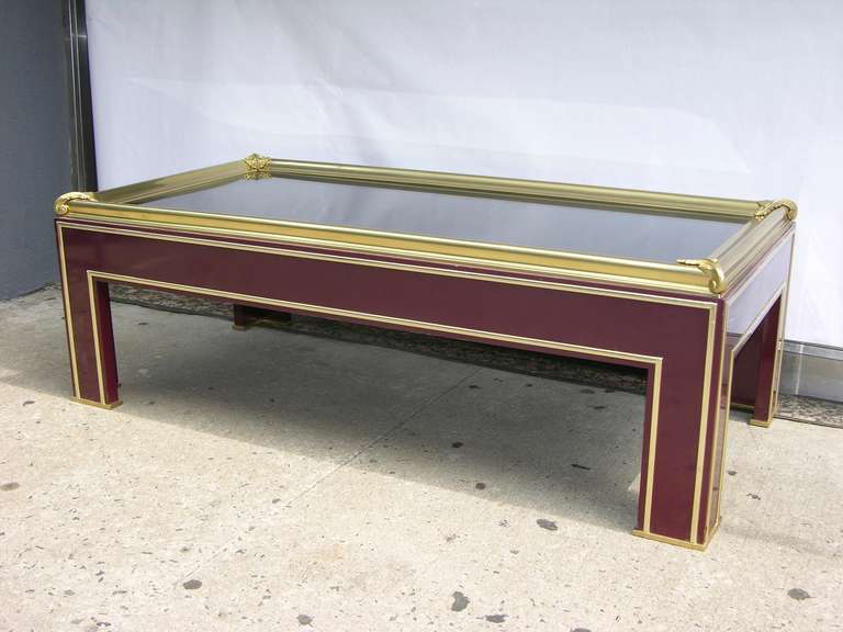 1950s Jansen Coffee Table with Brass Frame on Burgundy Lacquer Base 1