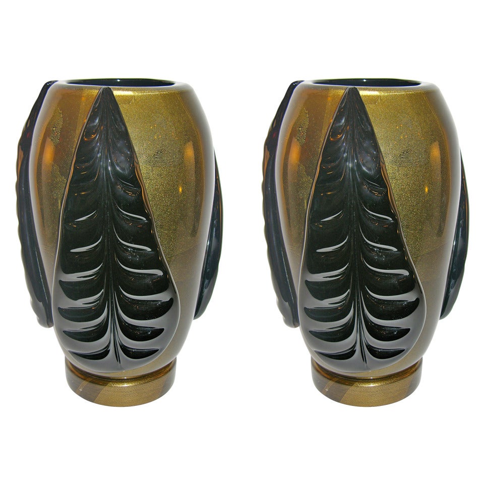 Pair of Pino Signoretto Black and Pure Gold Murano Glass Vases