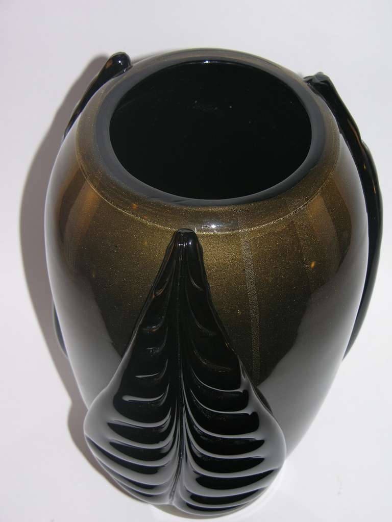 Italian Pair of Pino Signoretto Black and Pure Gold Murano Glass Vases