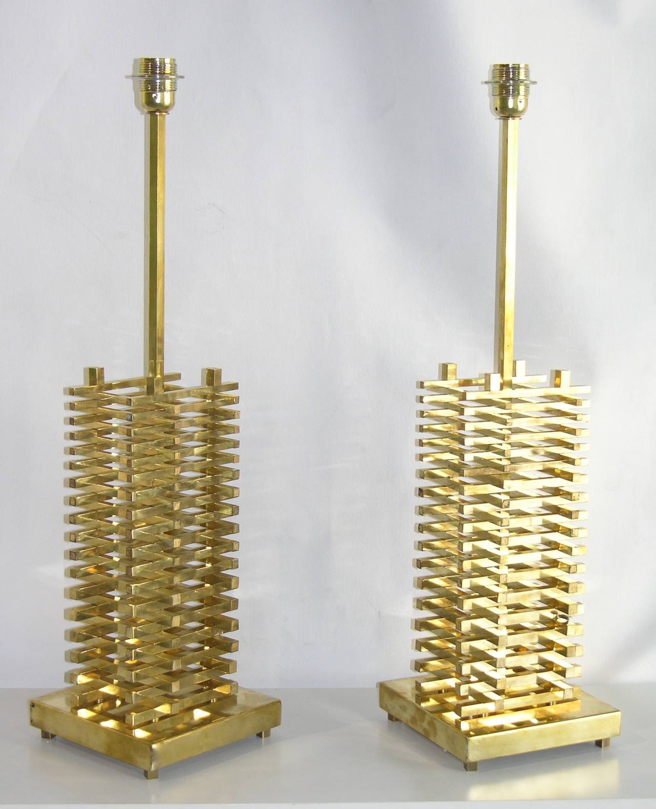 1970s Italian Architectural Brass Pair of Handcrafted Graduated Lamps 1