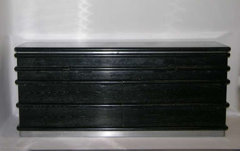 1970s Jay Spectre Vintage Navy/Grey Cerused Oak Dresser with Chromed Bands In Excellent Condition In New York, NY