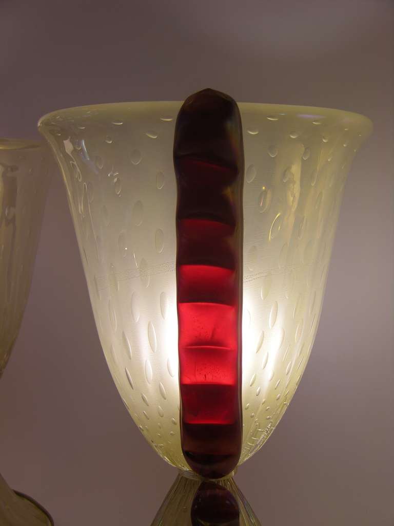 Italian Barovier e Toso Grand Pair of Pearlized Murano Glass Lamps with Red Accents For Sale